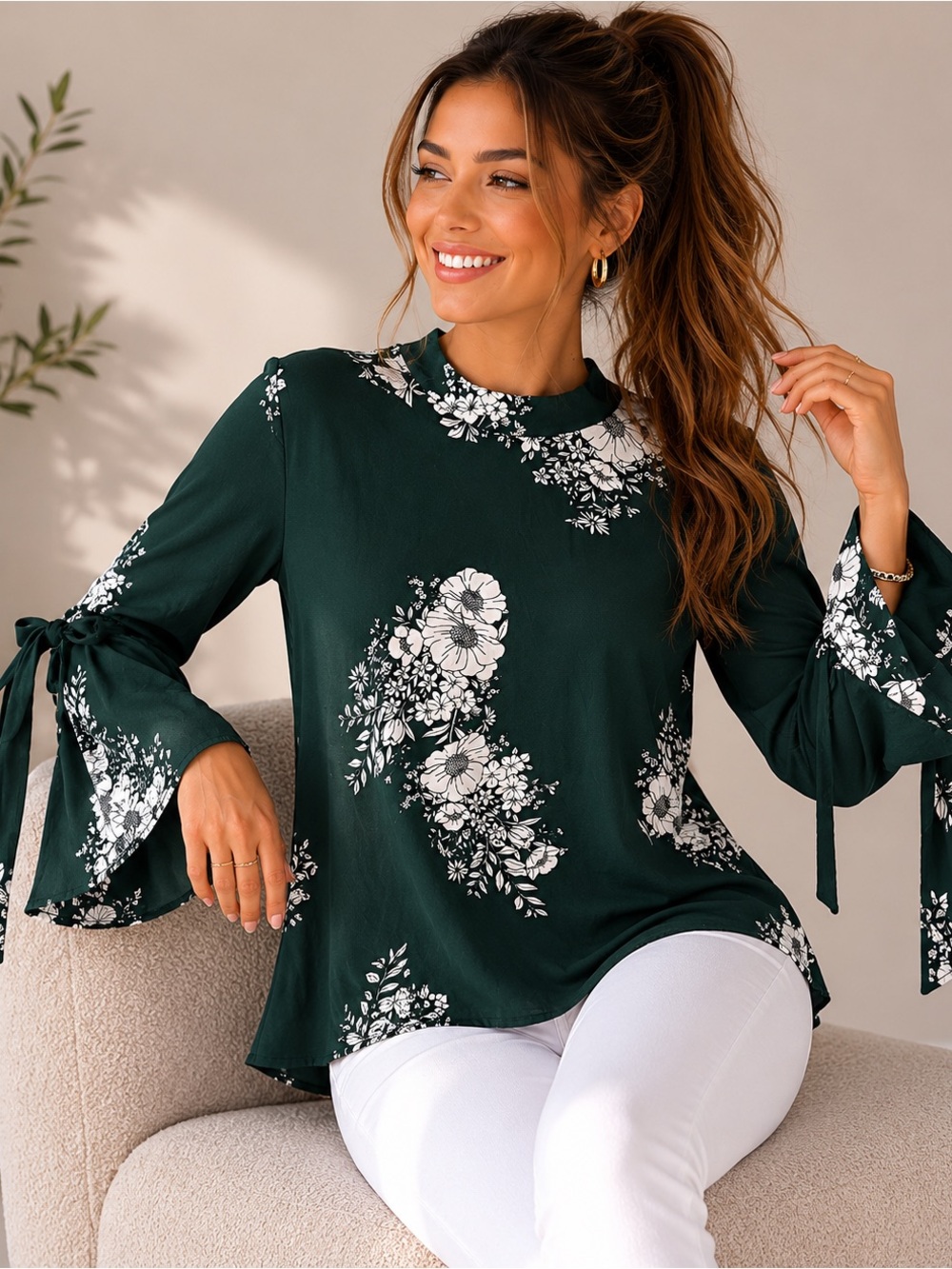 URBAN Romantics Dark Green Floral Tie-Sleeve Blouse